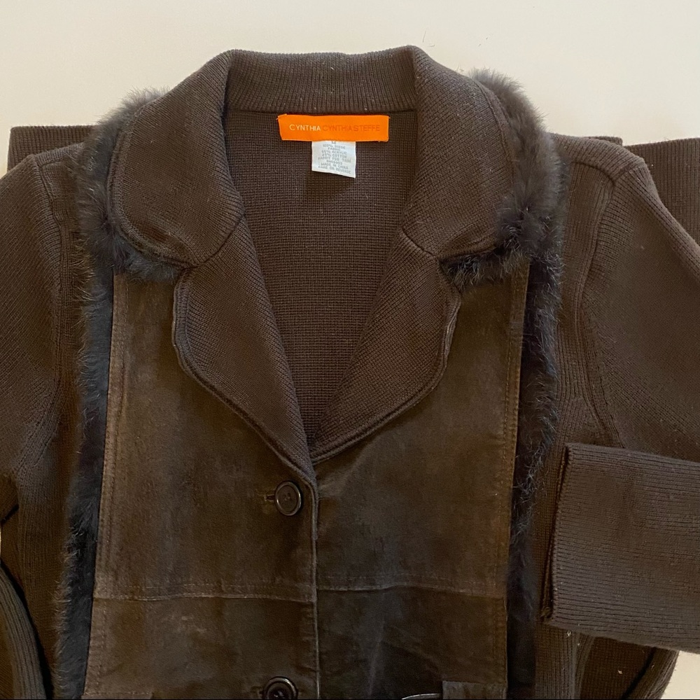 Vintage Brown Suede Sweater Coat Fur Collar Trench Coat M - Picture 5 of 13